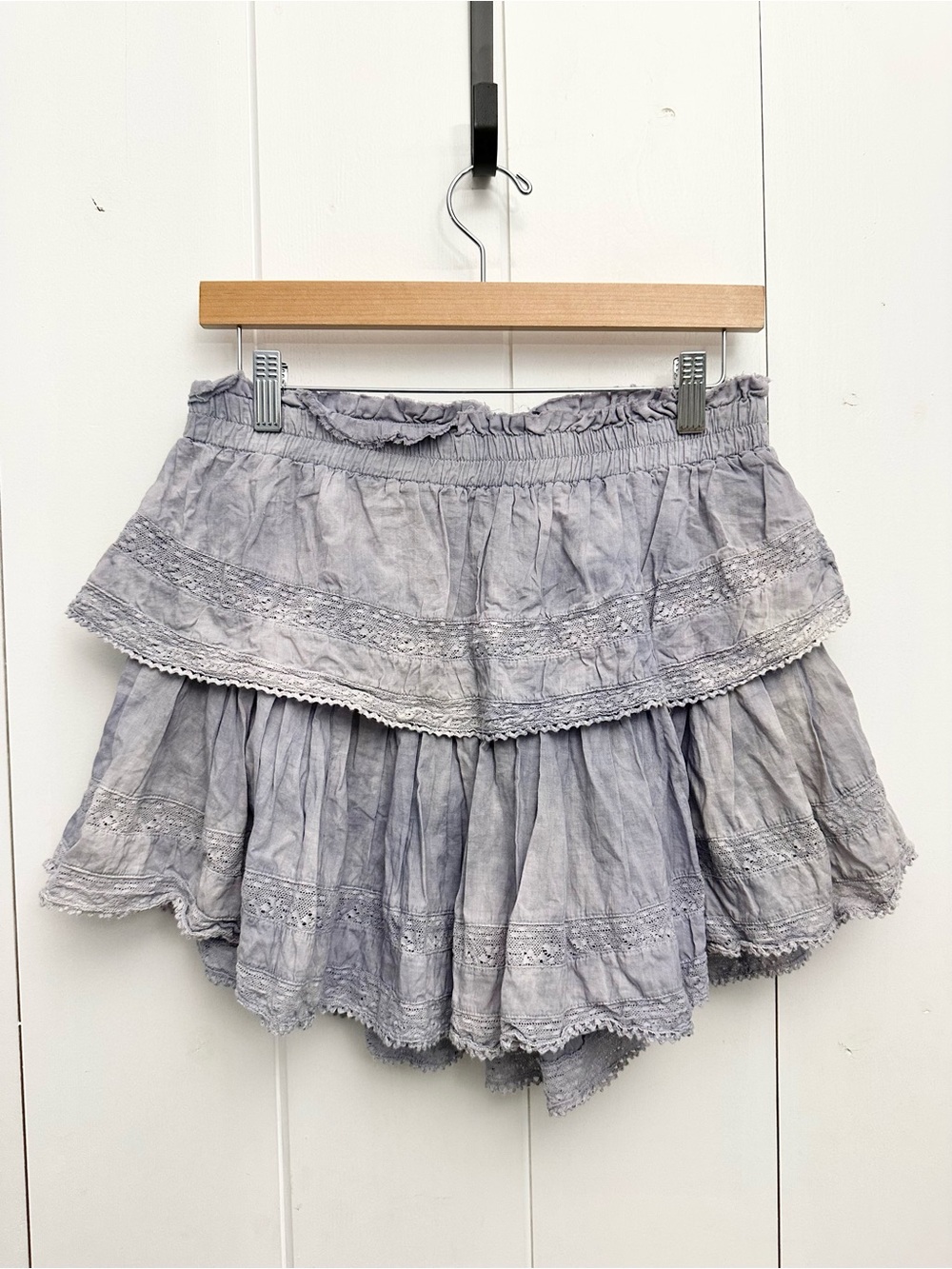 LoveShackFancy Ruffle Mini Skirt In Washed Denim Hand-Dye Size M - Picture 7 of 10
